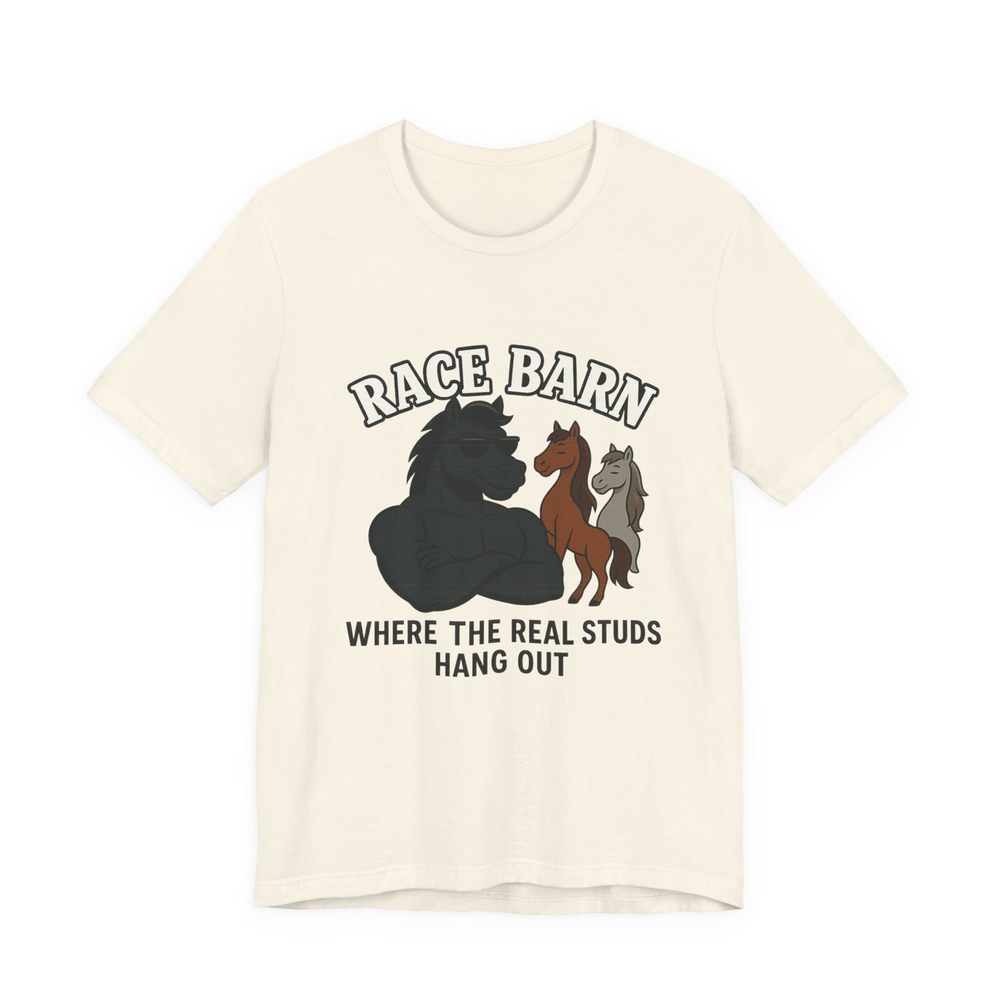 Studs, Shades & Stallions – Race Barn (T-Shirt) | Western Horsepower Tee | Bumper Karma