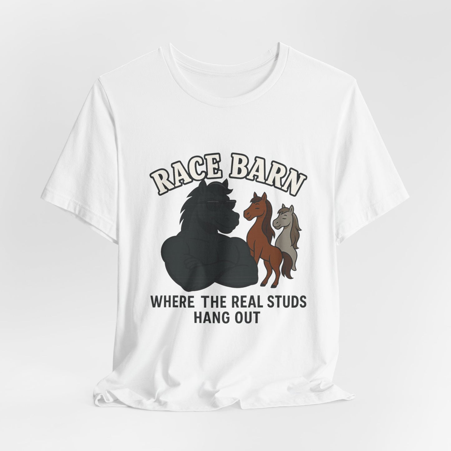 Studs, Shades & Stallions – Race Barn (T-Shirt) | Western Horsepower Tee | Bumper Karma