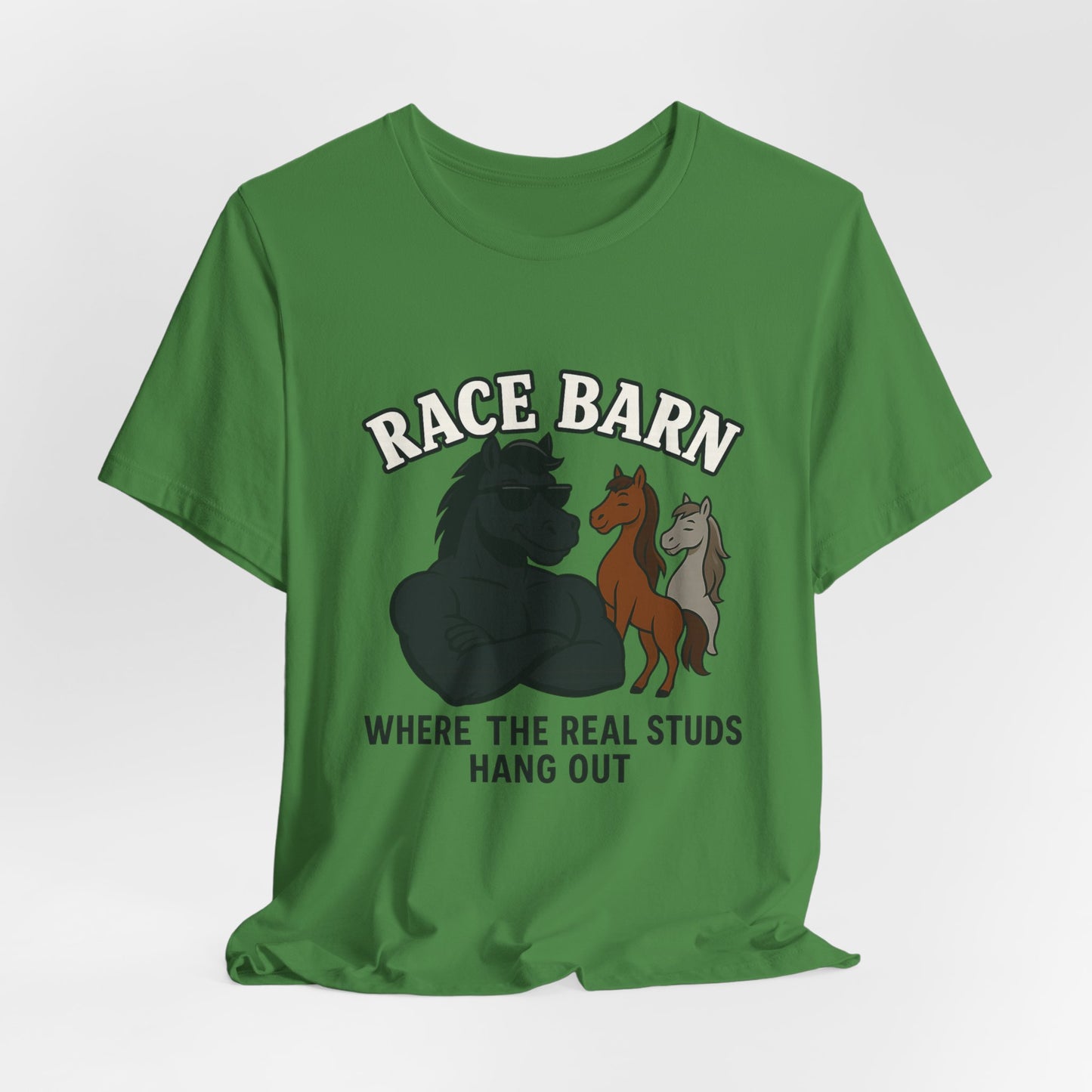 Studs, Shades & Stallions – Race Barn (T-Shirt) | Western Horsepower Tee | Bumper Karma