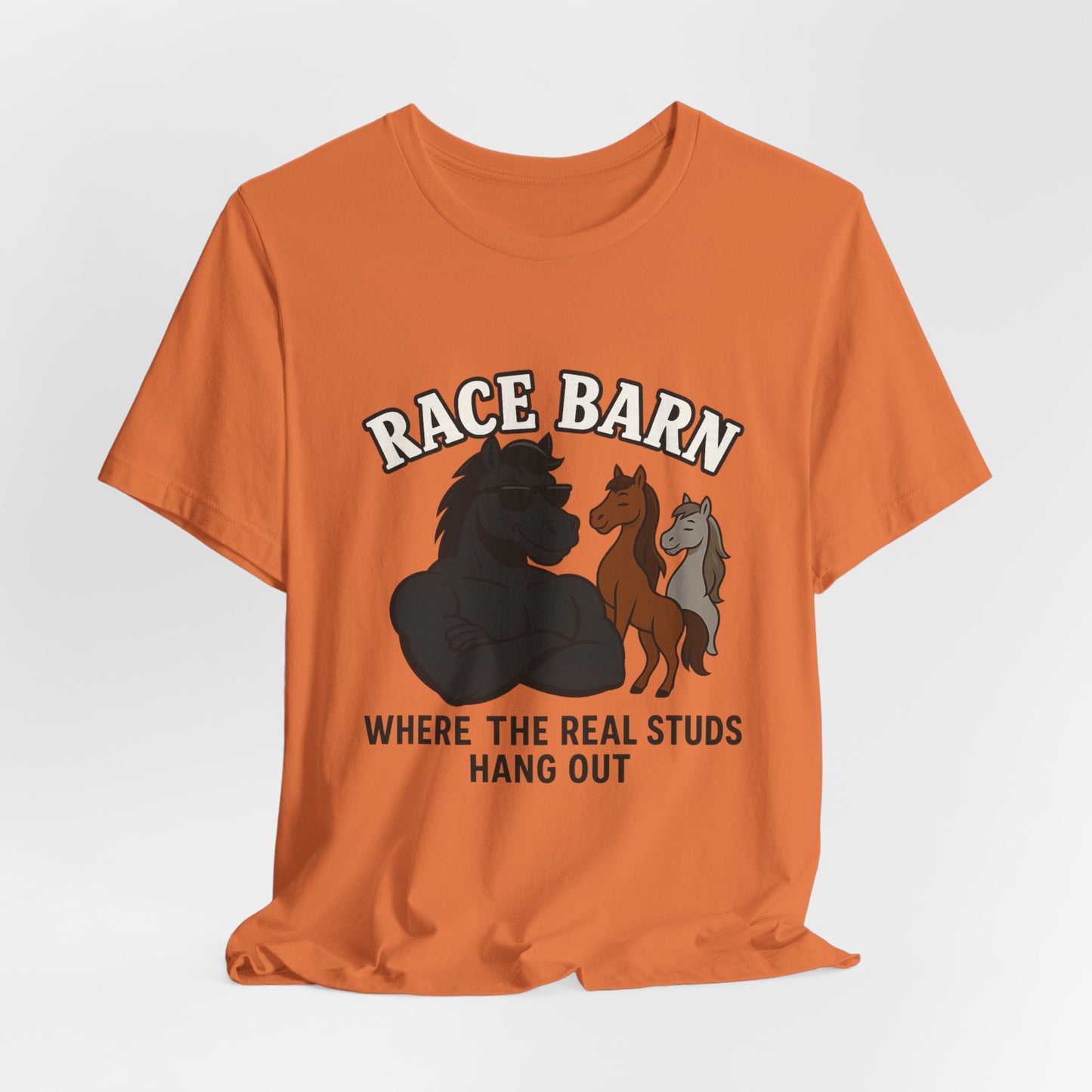 Studs, Shades & Stallions – Race Barn (T-Shirt) | Western Horsepower Tee | Bumper Karma