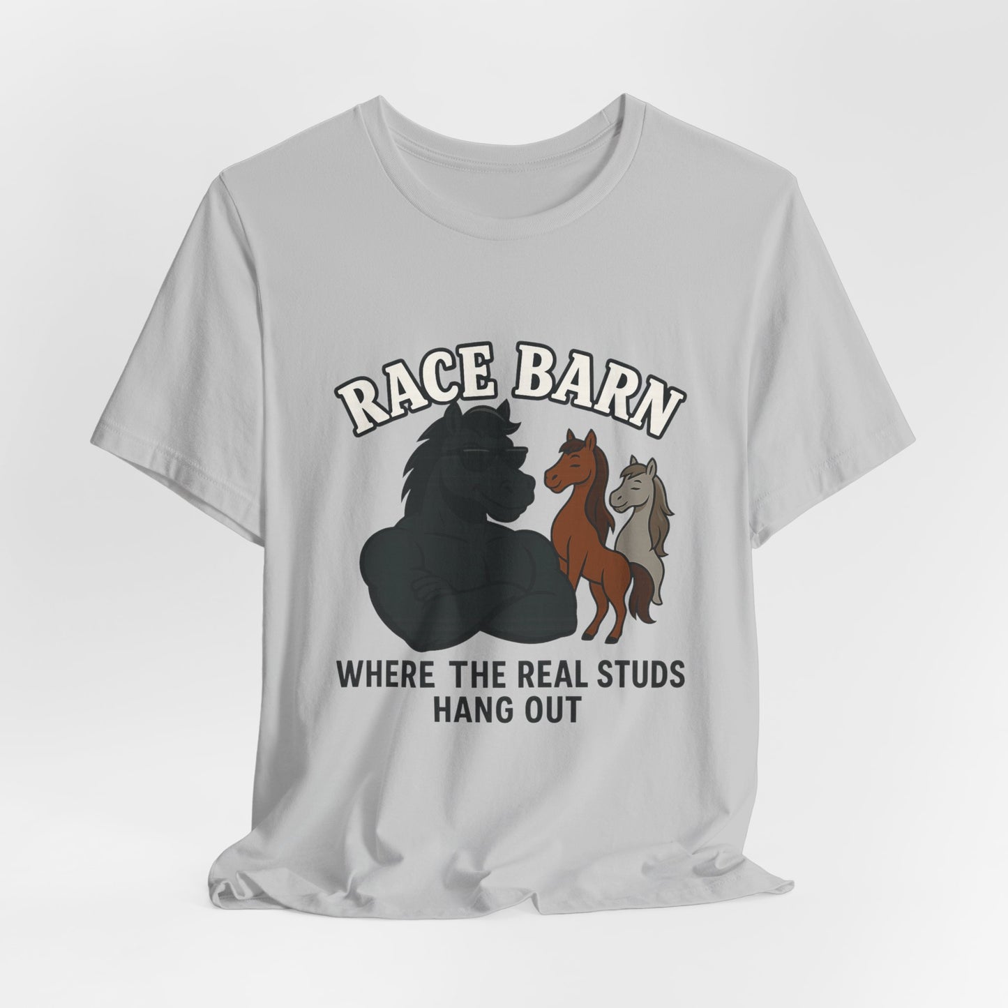 Studs, Shades & Stallions – Race Barn (T-Shirt) | Western Horsepower Tee | Bumper Karma