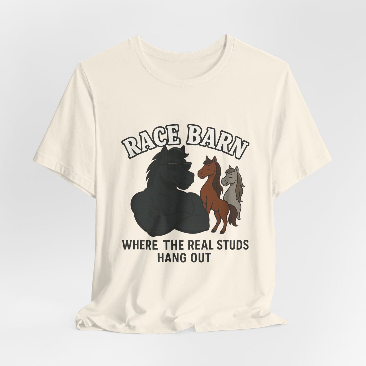 Studs, Shades & Stallions – Race Barn (T-Shirt) | Western Horsepower Tee | Bumper Karma