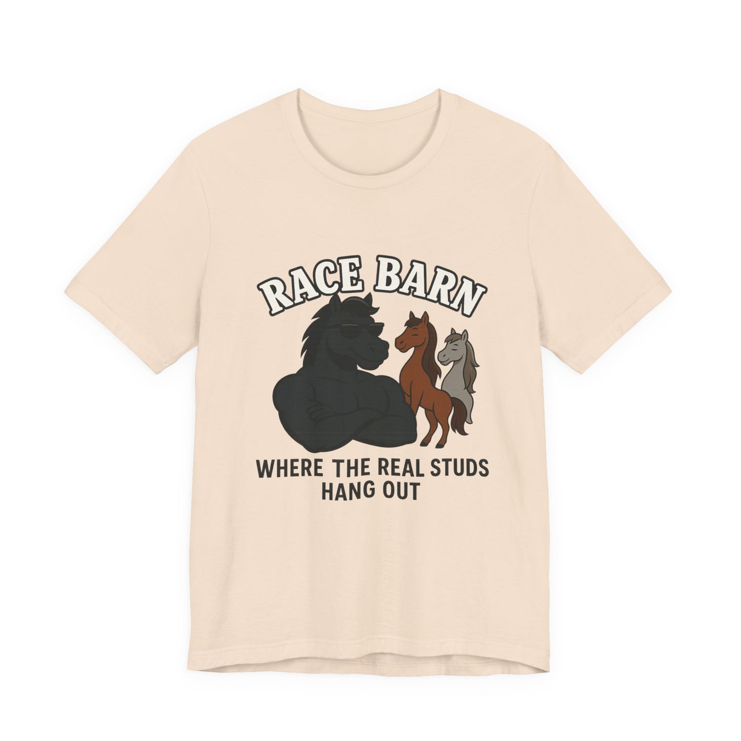 Studs, Shades & Stallions – Race Barn (T-Shirt) | Western Horsepower Tee | Bumper Karma