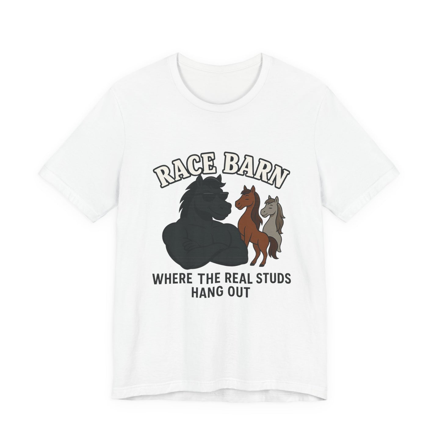 Studs, Shades & Stallions – Race Barn (T-Shirt) | Western Horsepower Tee | Bumper Karma