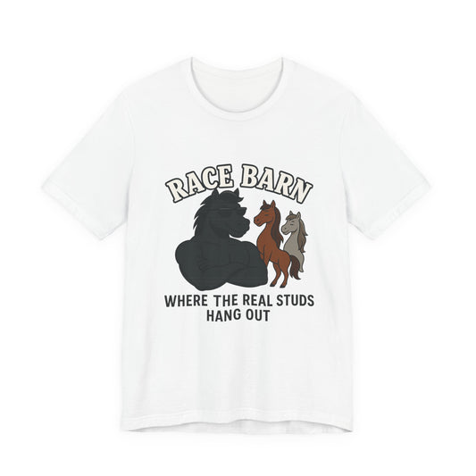 Studs, Shades & Stallions – Race Barn (T-Shirt) | Western Horsepower Tee | Bumper Karma