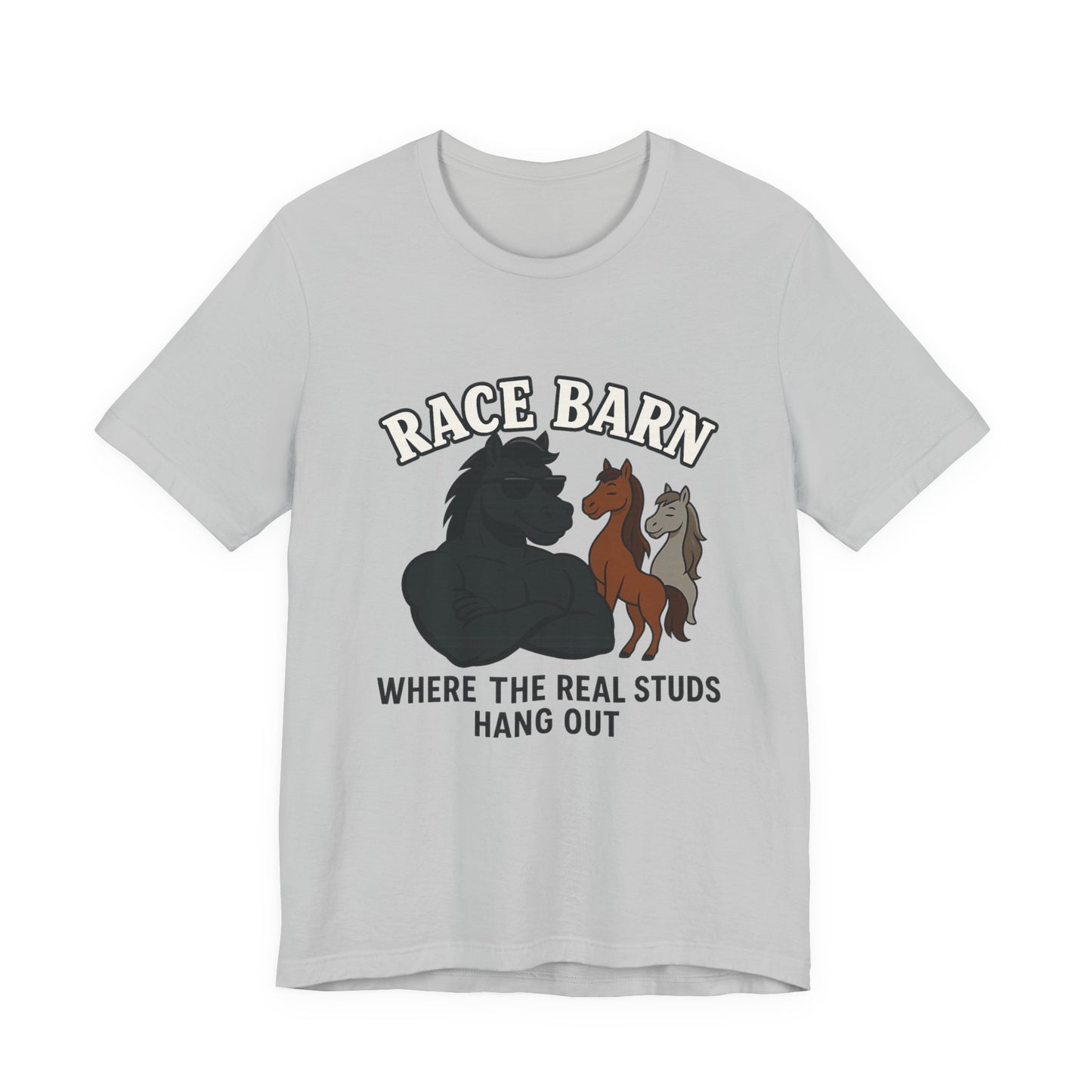 Studs, Shades & Stallions – Race Barn (T-Shirt) | Western Horsepower Tee | Bumper Karma