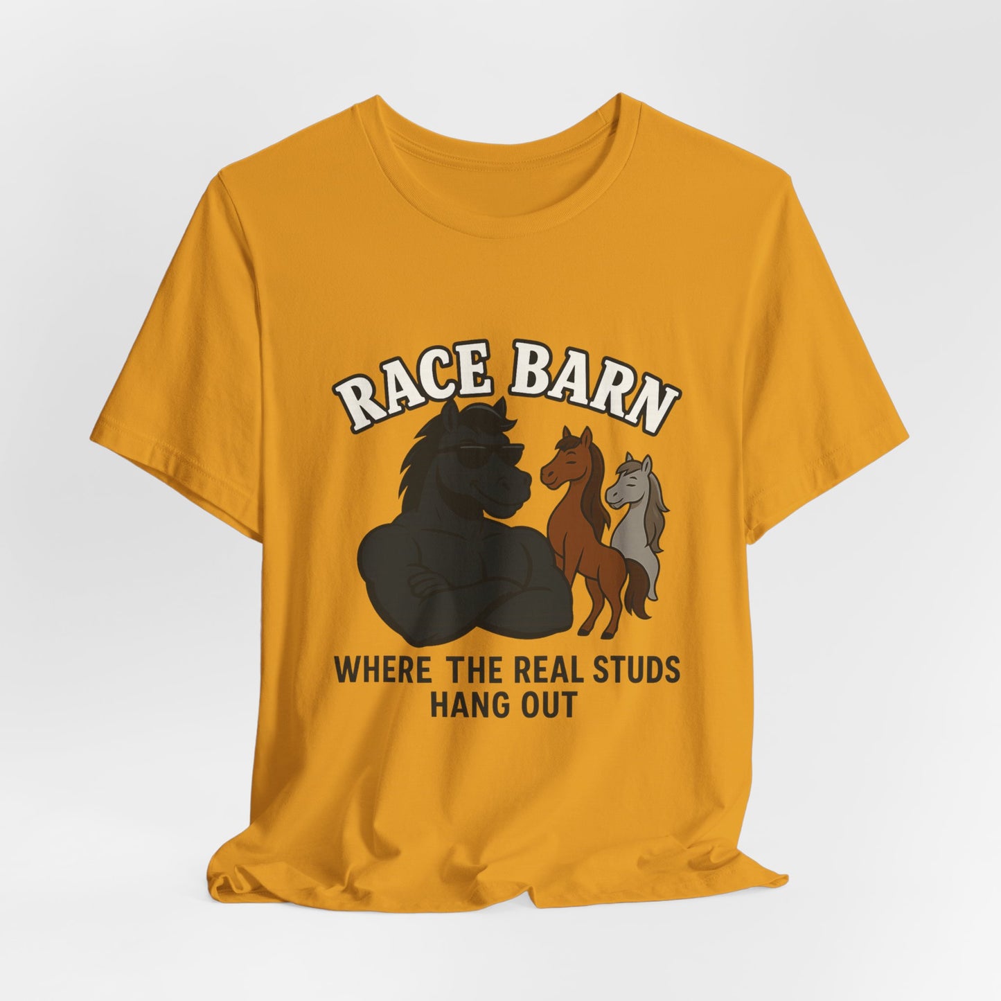 Studs, Shades & Stallions – Race Barn (T-Shirt) | Western Horsepower Tee | Bumper Karma