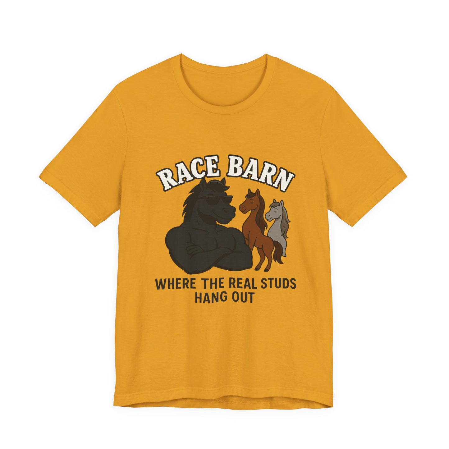 Studs, Shades & Stallions – Race Barn (T-Shirt) | Western Horsepower Tee | Bumper Karma