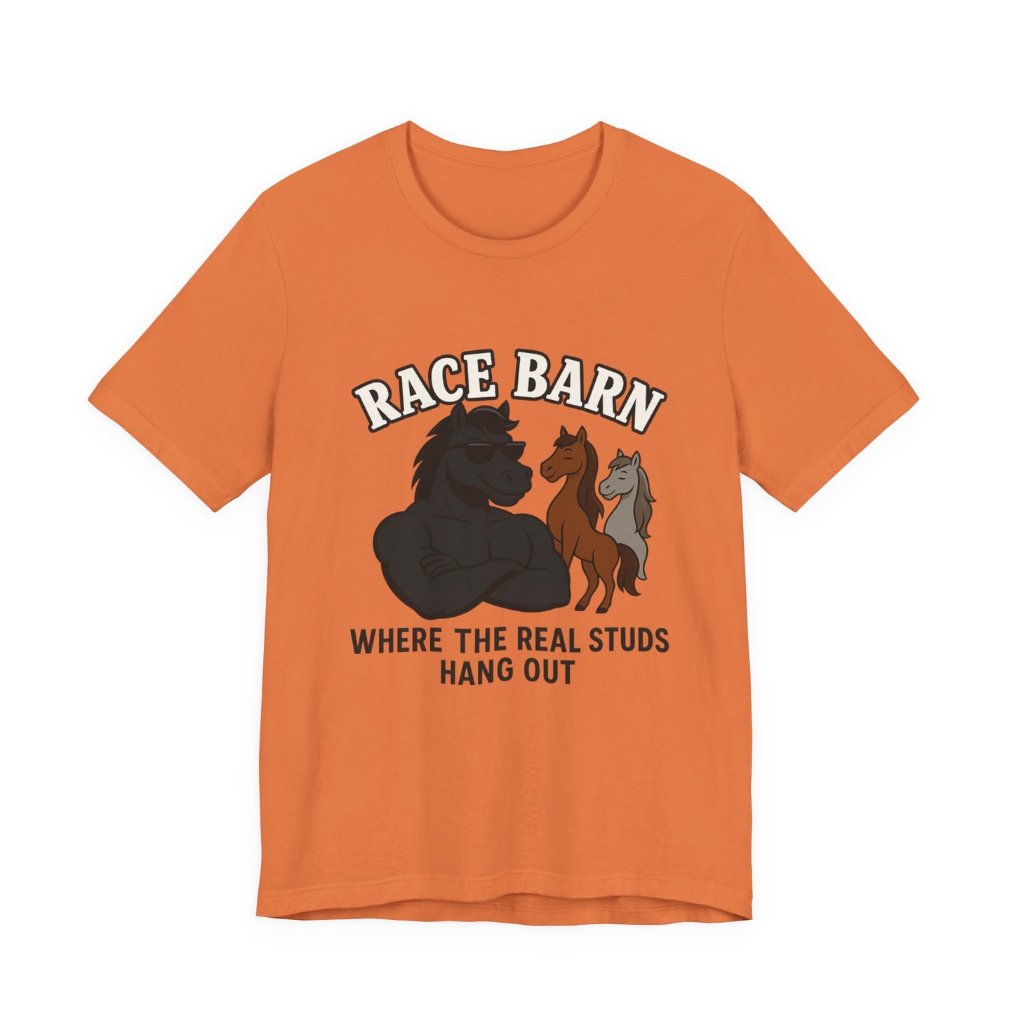 Studs, Shades & Stallions – Race Barn (T-Shirt) | Western Horsepower Tee | Bumper Karma