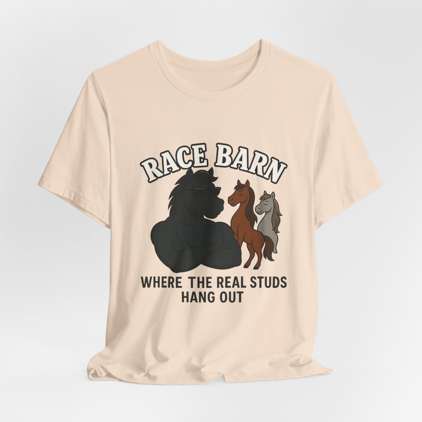 Studs, Shades & Stallions – Race Barn (T-Shirt) | Western Horsepower Tee | Bumper Karma