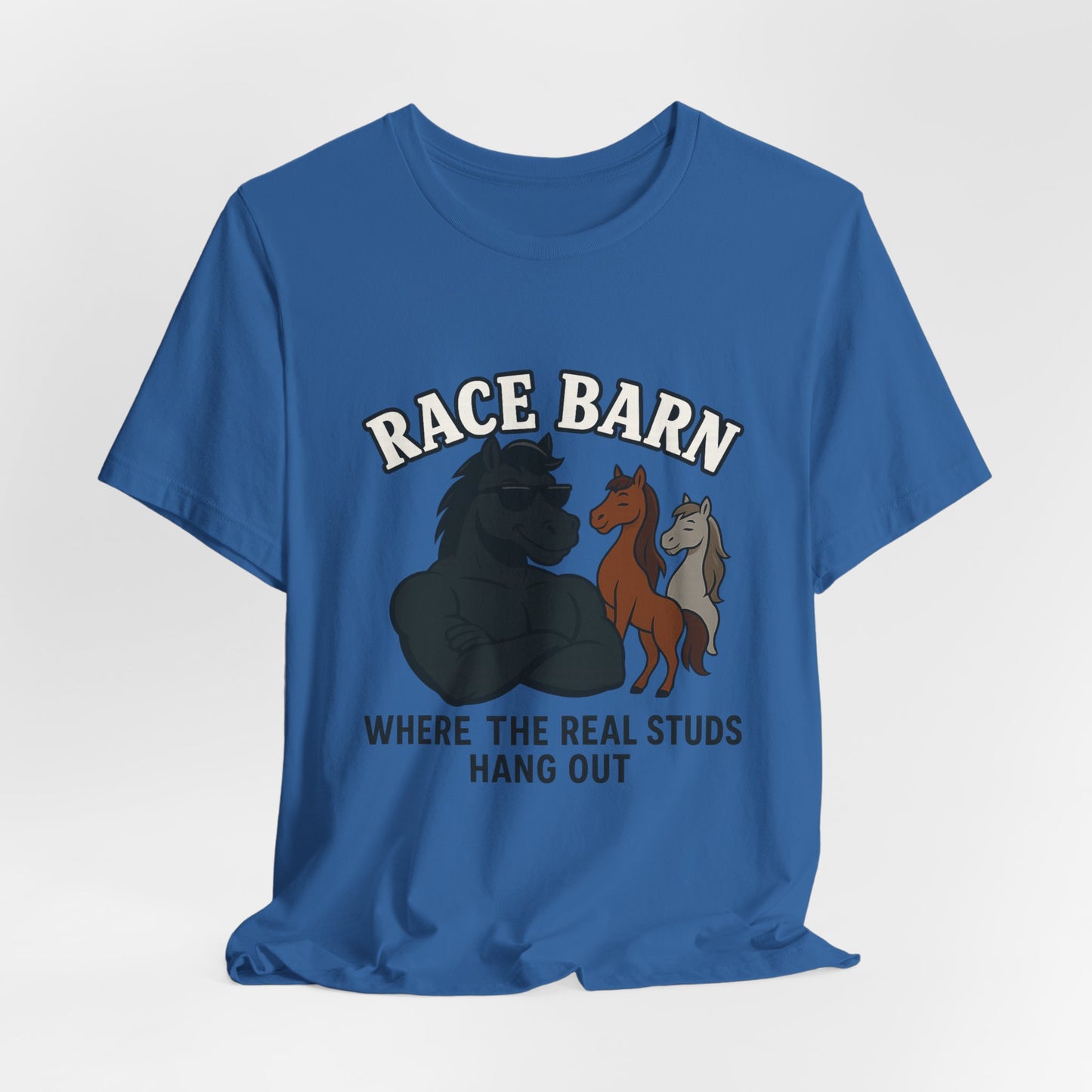 Studs, Shades & Stallions – Race Barn (T-Shirt) | Western Horsepower Tee | Bumper Karma