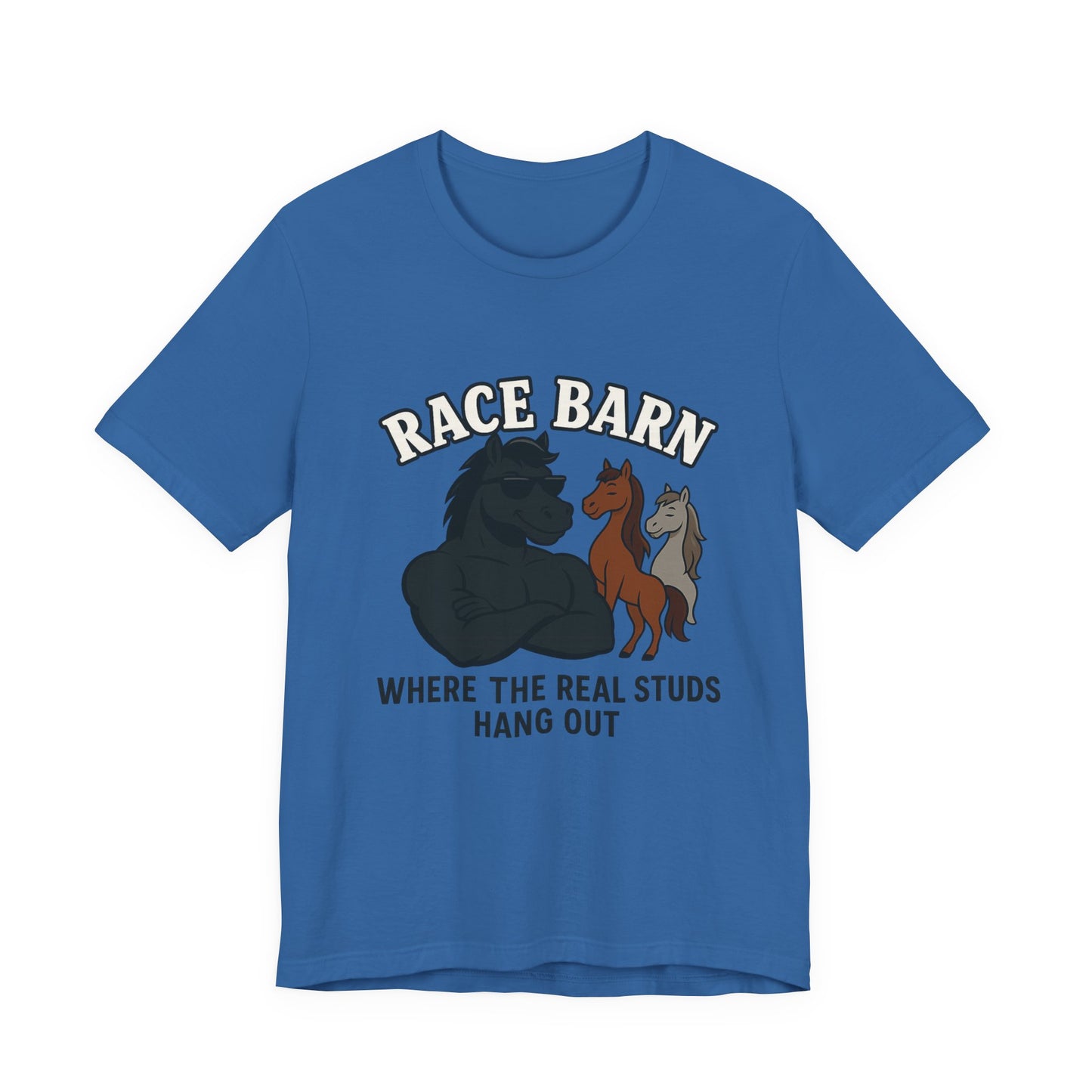 Studs, Shades & Stallions – Race Barn (T-Shirt) | Western Horsepower Tee | Bumper Karma